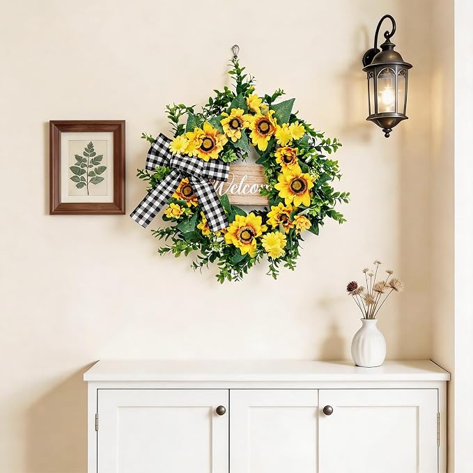 Garvee 20 Inch Sunflower Wreath with Welcome Sign, Spring Summer Wreaths for Front Door with Yellow Blooms and Buffalo Plaid Bow, for Farmhouse Porch Window Wall Home Decor