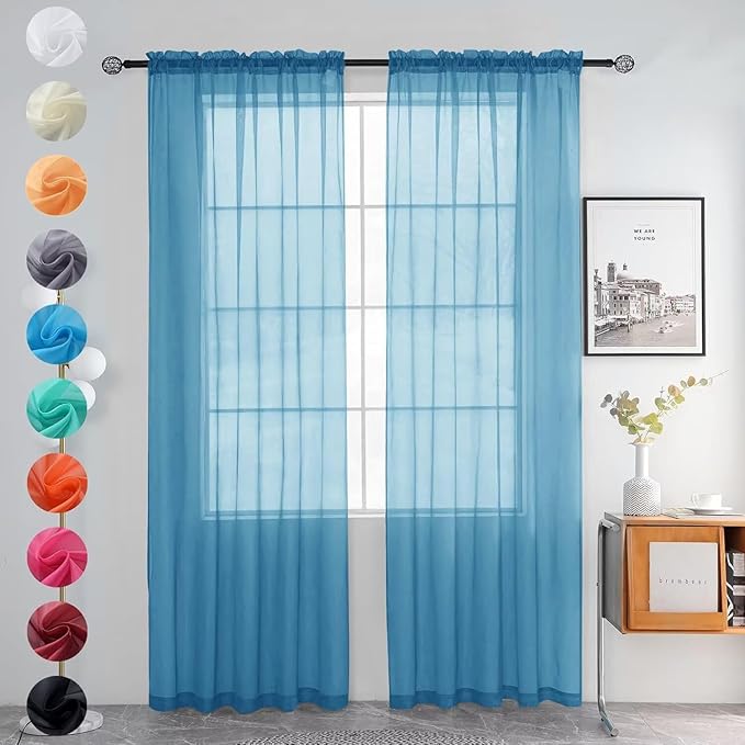 youleyar Solid Sheer Rod Pocket Curtain Voile Draperies 2 Panels White Beige Black Grey Ivory 52 Inch Width 72 Inch Long 1 Pair for Kitchen Bedroom Children Living Room Yard (Blue,52Wｘ72L)