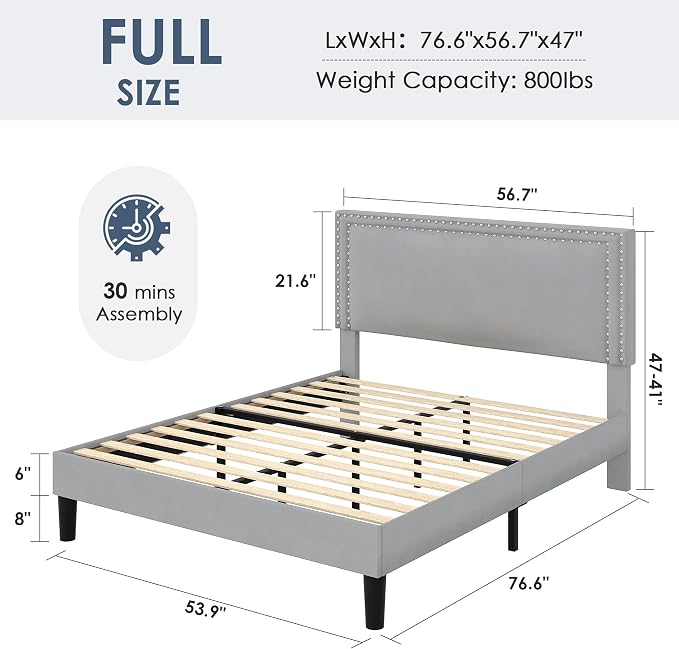 VECELO Full Size Platform Bed Frame with Height Adjustable Upholstered Headboard, Modern Mattress Foundation,Strong Wood Slat Support, No Box Spring Needed, Easy Assembly,Light Grey