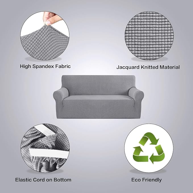 H.VERSAILTEX Stretch Couch Covers for Sofa 1 Piece Slipcovers for Couches and Sofas 3 Seater Couch Cover Feature Thick Checked Jacquard Fabric with Elastic Bottom(Large Sofa 90"-100" Wide, Dove)