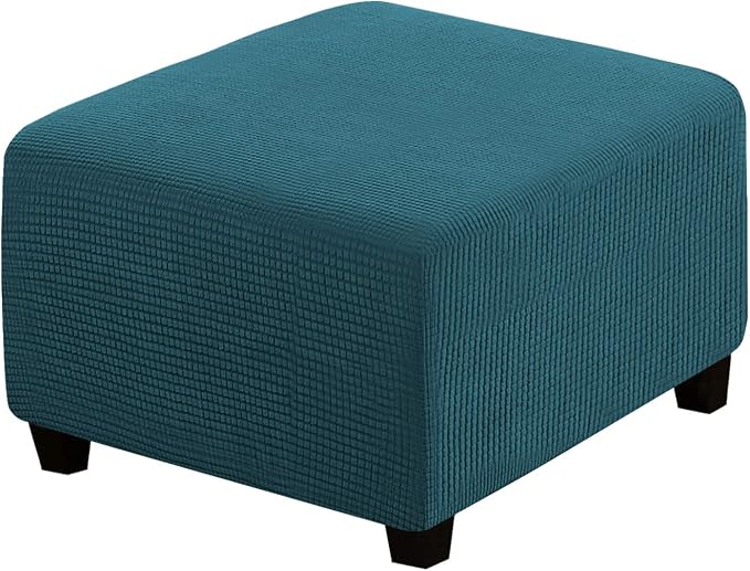 H.VERSAILTEX Square Ottoman Covers Ottoman Slipcovers Folding Storage Stool Furniture Protector Form Fit with Elastic Bottom, Stretch High Spandex Small Checks Jacquard Fabric(Large,Deep Teal)