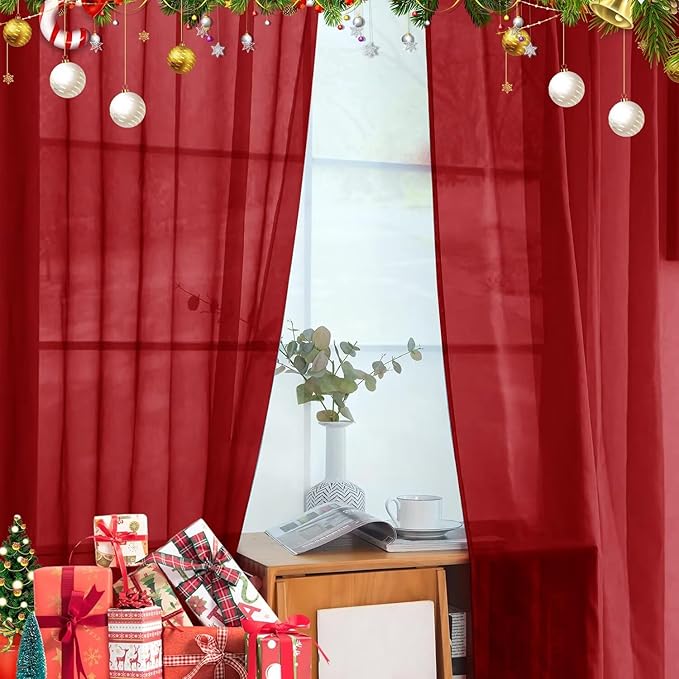youleyar Solid Sheer Rod Pocket Curtain Voile Draperies 4 Panels White Beige Black Grey Ivory 52 Inch Width 54 Inch Long 1 Pair for Kitchen Bedroom Children Living Room Yard(Christmas Red,52 Wｘ54 L)