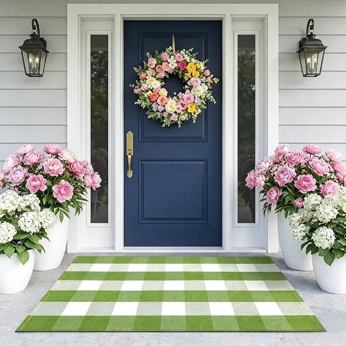 Buffalo Plaid Outdoor Rug 27.5" x 43" Grass Green and White Checkered Area Rug Washable Doormats Indoor Outdoor Rugs for Layered Front Door Mats, Porch, Entryway, Kitchen, Farmhouse