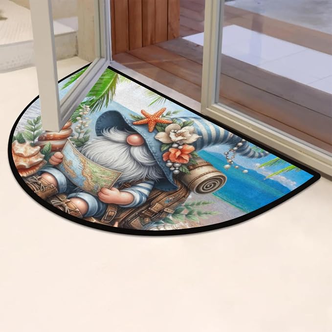 Half Round Door Mat Palm Trees Gnome Non Slip Half Moon Rug Indoor Entrance Washable Half Circle Area Rugs Semi Circle Bathroom Rugs Floor Carpet for Kithen Bedroom Fireplace Decor
