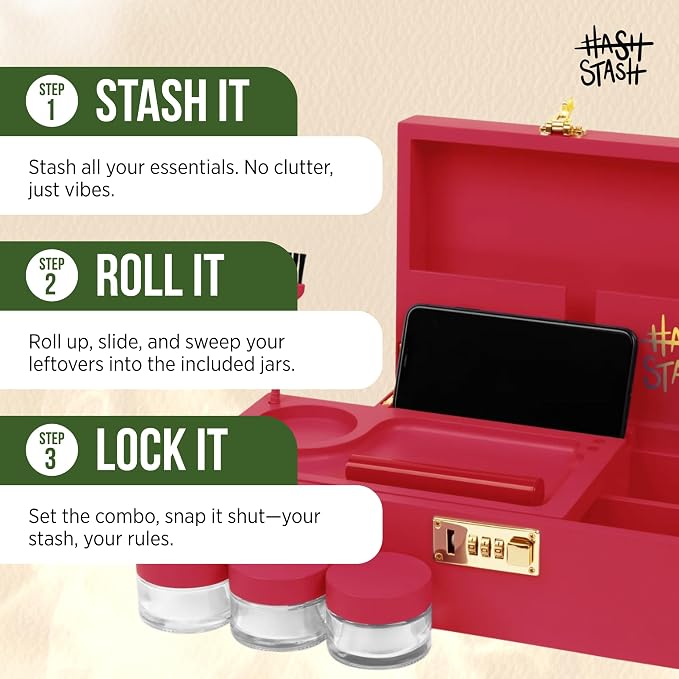 The OG Storage Box - Large Bamboo Box with Combination Lock, Magnetic Lid, Organizer Tray, Airtight Tube, Brush and 3 Glass Jars - Low Profile Decorative Storage Lock Box with Accessories (Red/Gold)