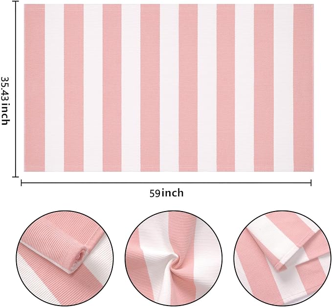 BUAGETUP Outdoor Rug 3'x 5',Pink Striped Area Rug Hand-Woven Cotton Washable Rug Indoor/Outdoor Area Rug Floor Mat for Farmhouse Living Room Bedroom