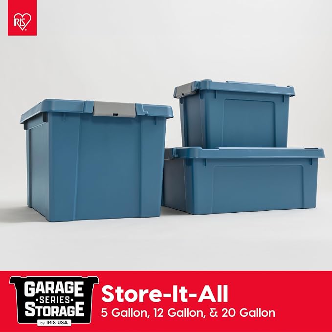 IRIS USA 6-Pack 5 Gal Heavy Duty Lockable Storage Totes with lids, Navy | Built for tools, hardware, emergency supplies and small equipment, Stackable design keeps spaces organized