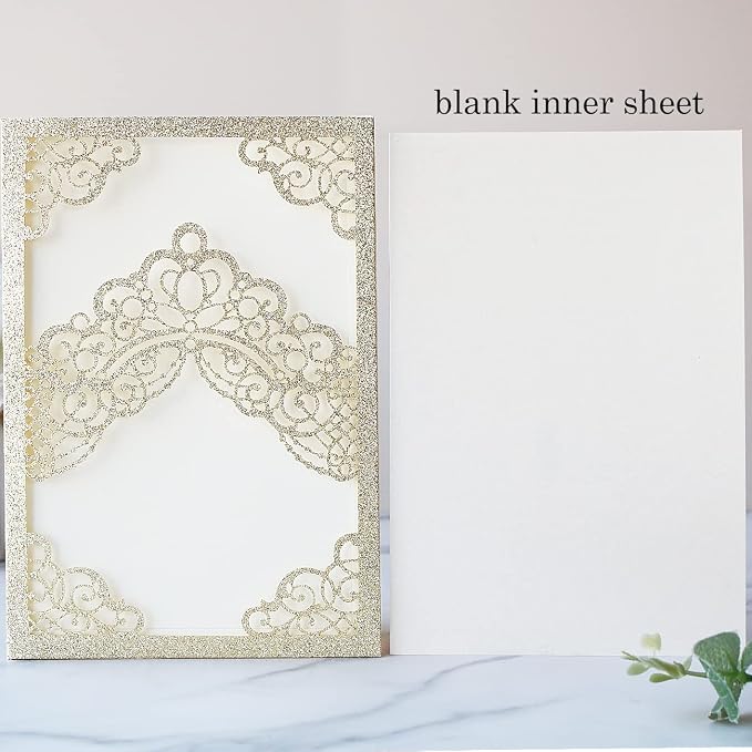 Hosmsua 50PCS 5.1x7.3 Inch Blank Champagne Glitter Quinceanera Invitations Kit Laser Cut Floral Crown Pocket Quinceanera Invitation Cards with Envelopes for Birthday Bridal Shower Quince Invite