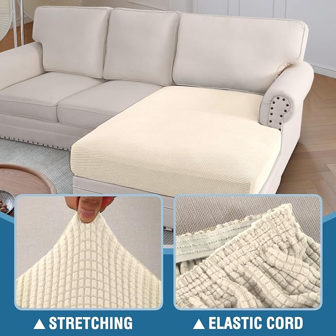 H.VERSAILTEX Sectional Couch Covers 1 Piece Chaise Slipcover L Shape Separate Cushion Couch Cover for Both Left/Right Sectional Couch (Seat Only: 1 Chaises, Cream)