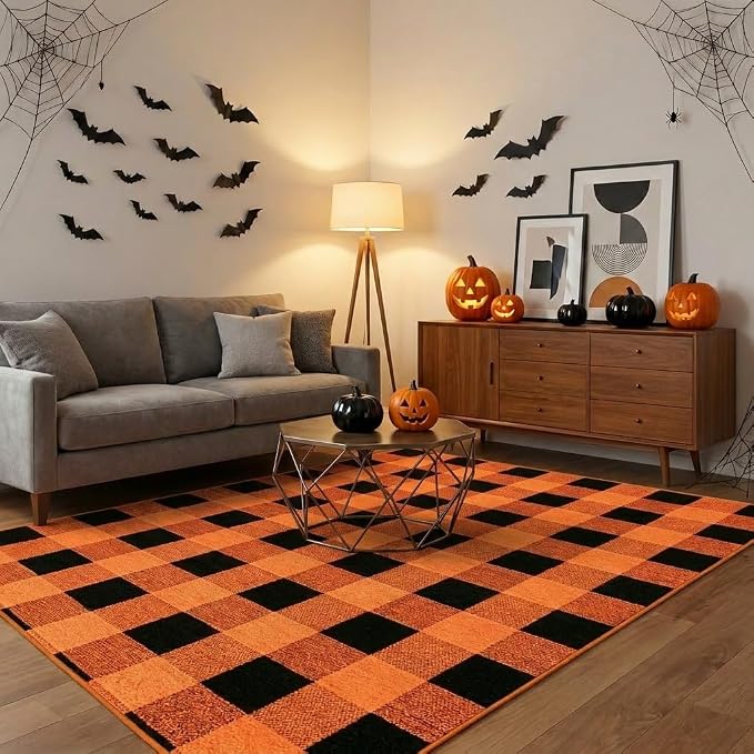 Buffalo Plaid Rug 4' x 6' Orange and Black Halloween Front Doomat Reversible Layered Porch Rug Washable Hand Woven Cotton Area Rug for Indoor Outdoor Living Dining Room Bedroom Kitchen Porch Decor