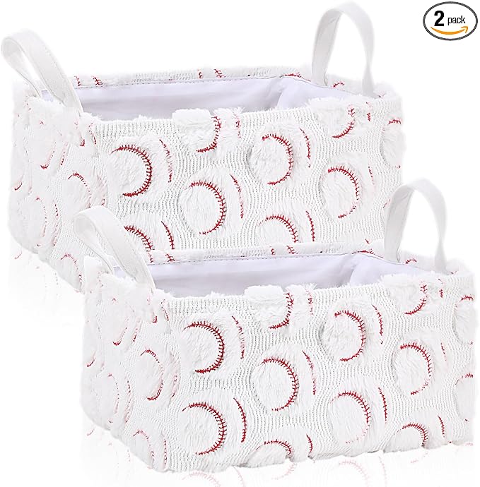 2 Pcs Baseball Storage Baskets 14x10'' Back to School Gift Basket | Sport, Foldable, Fluffy, Laundry, Storage Bin with Handle, Closet Organizer, Preppy Dormitory, Classroom, Bathroom, Shelf