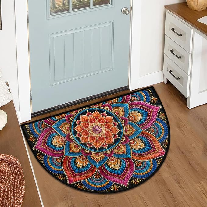 Flower Half Round Door Mat Semi Circle Rug Half Moon Doormat | Soft Washable Colorful Boho Welcome Entrance Mat for Outdoor Indoor Floor Bedroom Bathroom Home Kitchen Festival Decor