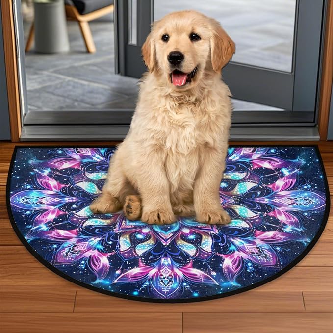 Mandala Half Round Doormat Semi Circle Rug Half Moon Rug Entryway Mat | Blue Flower Washable Non Slip Outdoor Floor Rug Kitchen Mat for Indoor Outdoor Bathroom Fireplace Bath Decor
