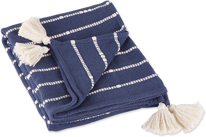 DII Striped Throw Collection Cotton Slub, Hand-Tied Tassels, 50x70, French Blue & Off-White