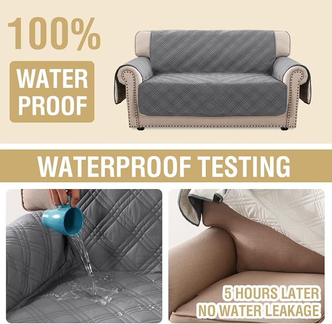 H.VERSAILTEX 100% Waterproof Loveseat Covers for 2 Cushion Couch Modern Sofa Covers Waterproof and Washable Thick Soft Couch Cover for Dogs with Elastic Straps (Loveseat, Grey/Beige)