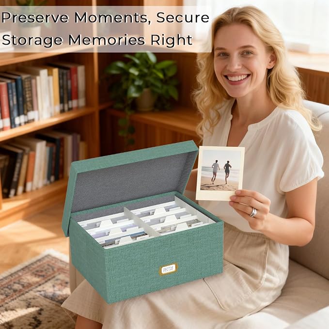 Decorative Photo Storage Box, Linen Photo Box Holds 1700 5x7 Pictures Green | Photo Storage Containers with 8 Dividers, Memory Keepsake Organizer for Photos, Scrapbook Supplies, Cards, Stamps,Archive Box