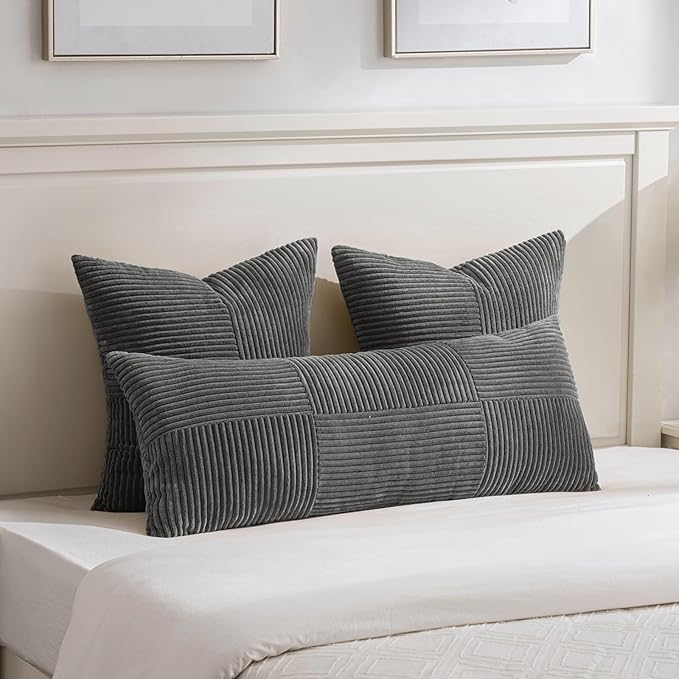 Fancy Homi 2 Packs Dark Gray Big Decorative Throw Pillow Covers 24x24 Inch for Couch Bed Sofa, Rustic Farmhouse Boho Home Decor, Soft Corss Corduroy Patchwork Accent Square Cushion Case 60x60 cm