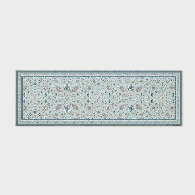 EVERGRACE Hallyway Area Runner Rugs 2x6, Boho Floral Faux Wool Indoor Outdoor Rugs, Washable Rugs for Bedroom Bathroom Living Room Kitchen, Low Pile Floor Mat Carpet for Home Decor, Pale Blue