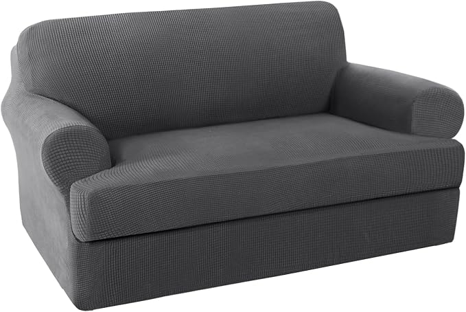 H.VERSAILTEX High Stretch Rich Jacquard 2-Piece Loveseat Slipcover/Furniture Covers for Loveseat with Elastic Bottom, Suit for T Cushion/Box Cushion Spandex Jacquard Fabric, Charcoal Gray
