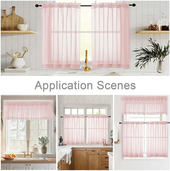 Blush Kitchen Curtains 30 Inch Length Tier 2 PCS, Solid Soft Airy Half Curtains for Windows, Blush Sheer Rod Pocket Drapes for Bathroom Basement Small Window, 42" Wx30 L Inches