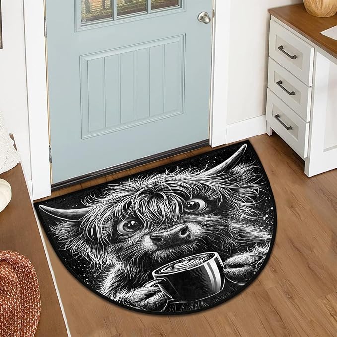 Cow Half Round Door Mat Semi Circle Rug Half Moon Doormat | Soft Washable Black Animal Welcome Entrance Mat for Outdoor Indoor Floor Bedroom Bathroom Home Kitchen Festival Decor