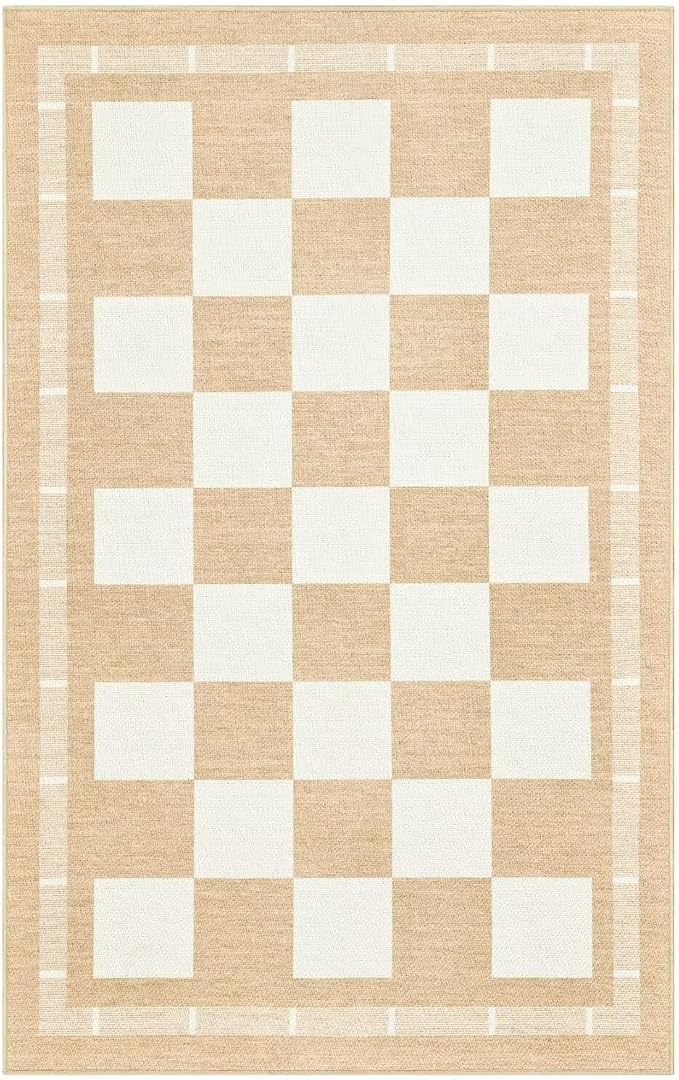 Vasofe Jute Checkered Outdoor Rug, 2x3 Small Entry Rug, Washable Indoor Mat | Front Door Mat, Non-slip Bedroom Bedside Rugs, Entrance Doorway Kitchen Mats, Plaid Farmhouse Porch Carpet, Khaki and White