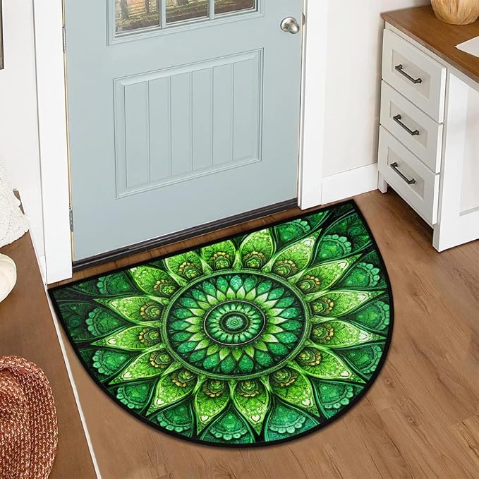 Mandala Half Round Rug Half Moon Door Mat Half Circle Rugs | Green Ethnic Washable Non-Slip Semi Circle Rug Welcome Half Round Door Mat Indoor Entrance Bedroom Living Room Decor B476