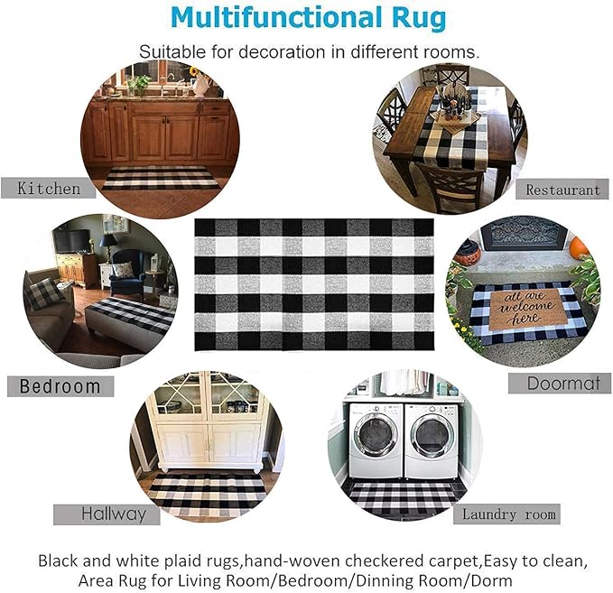 SEEKSEE Buffalo Plaid Outdoor Rug 27.5x43 Black and White Front Door Mat, Layering Rug for Porch, Washable Doormat, Cotton Area Rug for Outdoor Entrance Entryway Patio Porch Decor