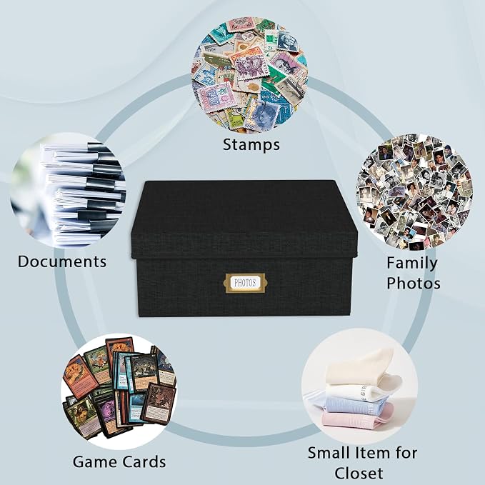 Decorative Photo Storage Box, 2 Pack Linen Photo Box Hold 1700 4x6 Pictures | Photo Storage Containers with 8 Dividers, Memory Keepsake Organizer for Photos, Scrapbook Supplies, Cards, Stamps, Black