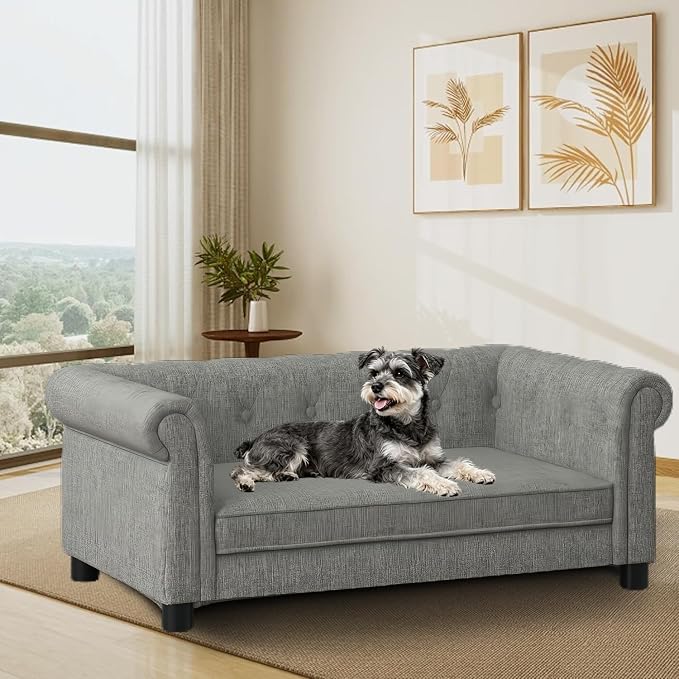 Dog Sofa for Small & Medium Dogs | Removable & Washable | No Assembly Required | Breathable Linen Fabric | Soft Foam |Floor-friendly sofa legs |Light grey
