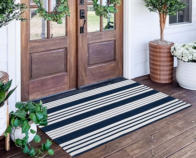 Blue and White Striped Rug 24'' x 51''Outdoor Front Porch Rug Cotton Woven Machine WashableLayered Door Mats for Entryway/Bedroom/Outdoor