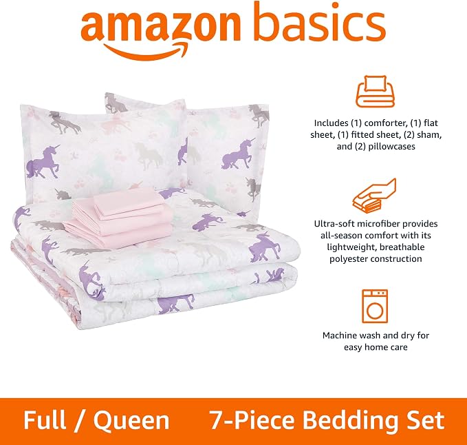 Amazon Basics 7-Piece Soft Microfiber Kid's Bed-in-a-Bag Bedding Set with Comforter and Sheet, Full/Queen, Purple Unicorns