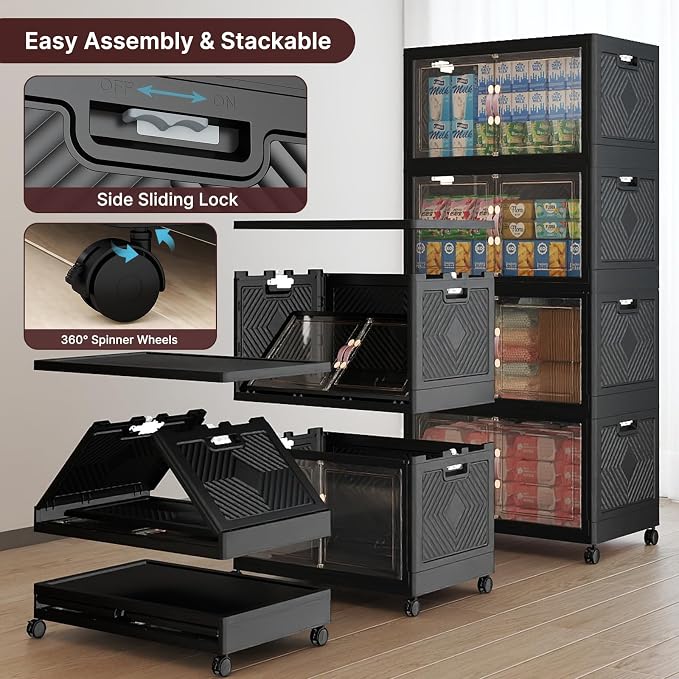 UAMFURI Stackable Storage Bins, 1440QT Collapsible Drawers with 2 Lids | Large Capacity, Magnetic Door, Stack Lock, Rolling Wheels, Foldable Design, Organizers and Storage for Bedroom Dorm Garage
