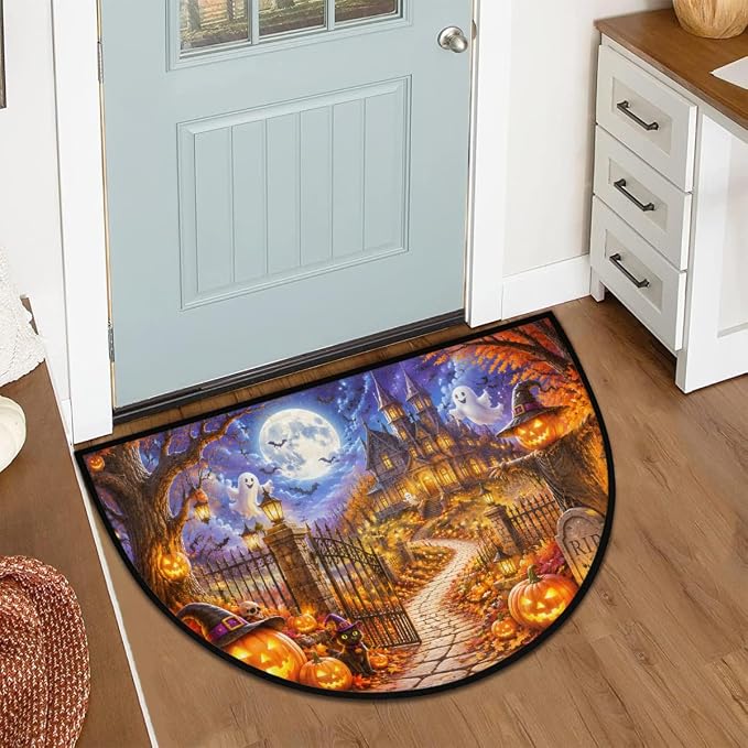 Halloween Half Round Door Mat Welcome Entrance Mat Bath Bathroom Rug B1 | Halloween Ghosts Welcome Entrance Mat Anti-Slip Half Moon Bath Mat Semi Circle Rug Indoor Outdoor Kitchen Rug