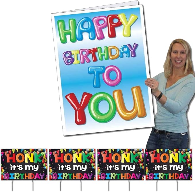 VictoryStore Colorful Birthday Bundle: Giant Balloon Letters Greeting Card & Honk It's My Birthday Yard Sign Set