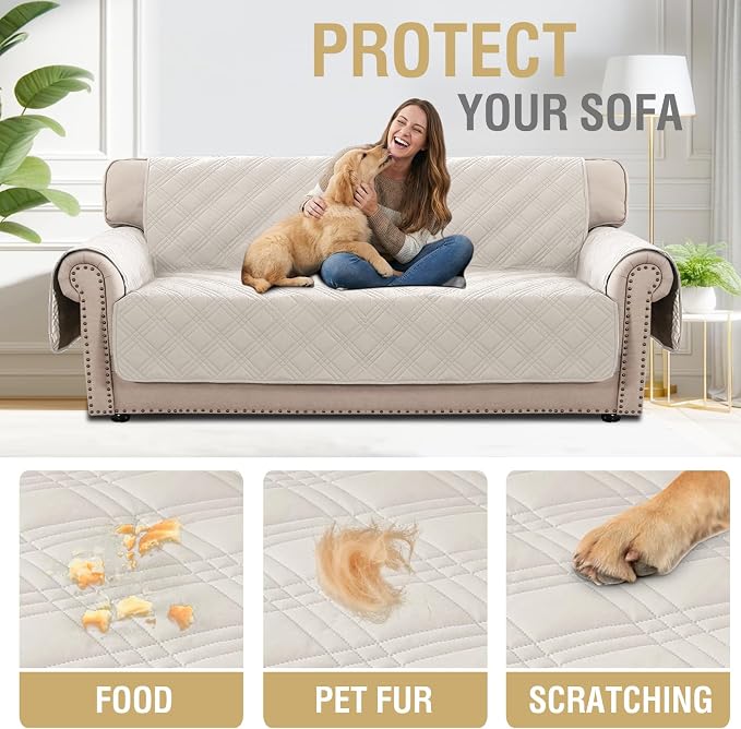 H.VERSAILTEX 100% Waterproof Sofa Covers for 3 Cushion Couch Modern Sofa Cover for Dogs XL Couch Covers for Oversized Sofa with Elastic Straps (Oversized Sofa, French Oak/Beige)