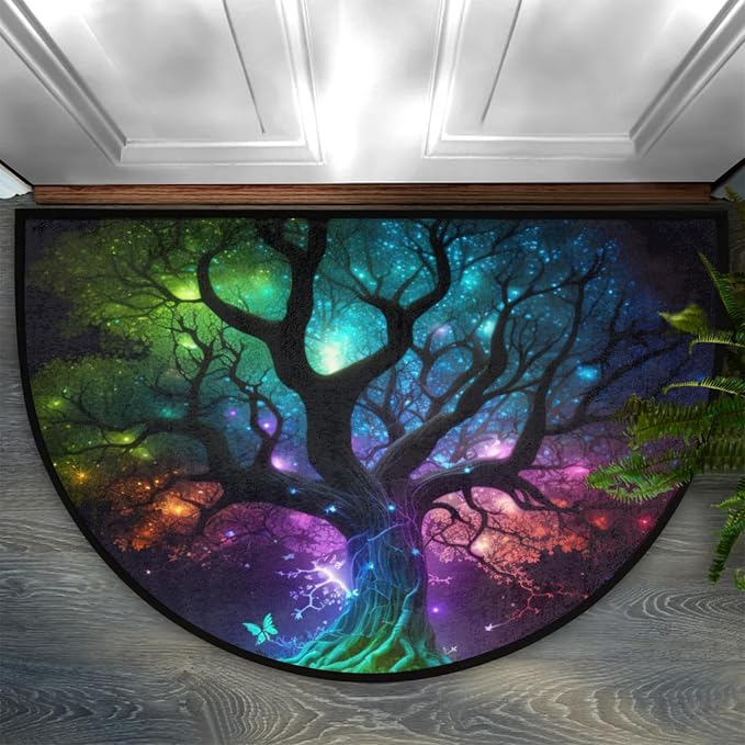 Half Round Doormat Tree of Life Butterfly Non Slip Half Circle Area Rugs Indoor Washable Half Moon Rug Semi Circle Bathroom Runner Mat Entrance Floor Carpet for Kithen Bedroom Fireplace Decor