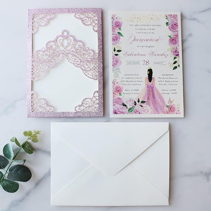 Hosmsua 50PCS Personalized Purple Glitter Quinceanera Invitations Kit 5.1x7.3 Inch Laser Cut Floral Crown Pocket Quinceanera Invitation Cards with Envelopes for Birthday Quince Invitation