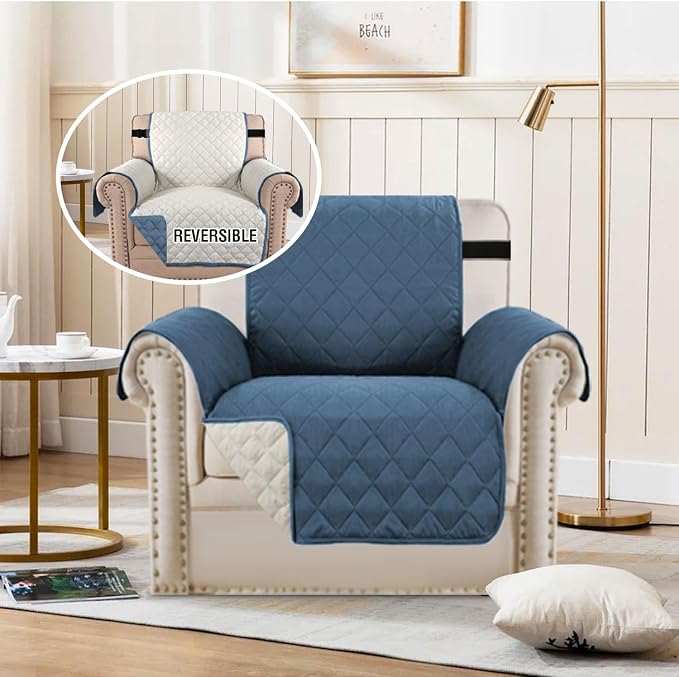 H.VERSAILTEX Water Resistant Chair Cover Reversible Chair Cover Protector for Dogs Washable Chair Slipcover with Non Slip Elastic Strap Living Room Furniture Cover(Armchair, Dark Blue/Beige)