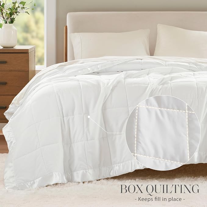 Madison Park Down Alternative King Size Blanket for Bed, Satin Trim, White | Lightweight Windom Blanket Premium 3M Scotchgard Moisture Wicking Treatment, OEKO TEX, Soft Bed Cover, All Season