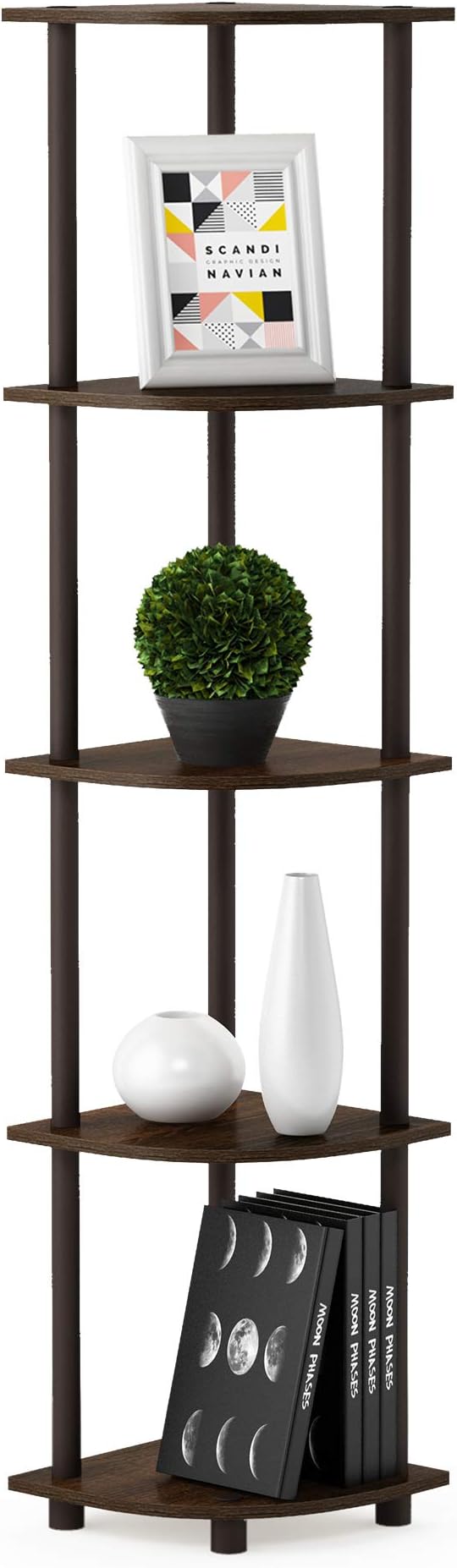 Furinno TURN-N-TUBE Corner Shelf Set of 2, 5-Tier Corner Bookshelf, Open Storage Shelves, for Organization and Storage, Living Room, Home Office, Garage, Walnut