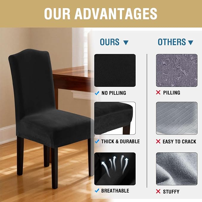 H.VERSAILTEX Velvet Dining Chair Covers Stretch Chair Covers for Dining Room Set of 6 Parson Chair Slipcovers Chair Protectors Covers Dining, Soft Thick Solid Velvet Fabric Washable, Black