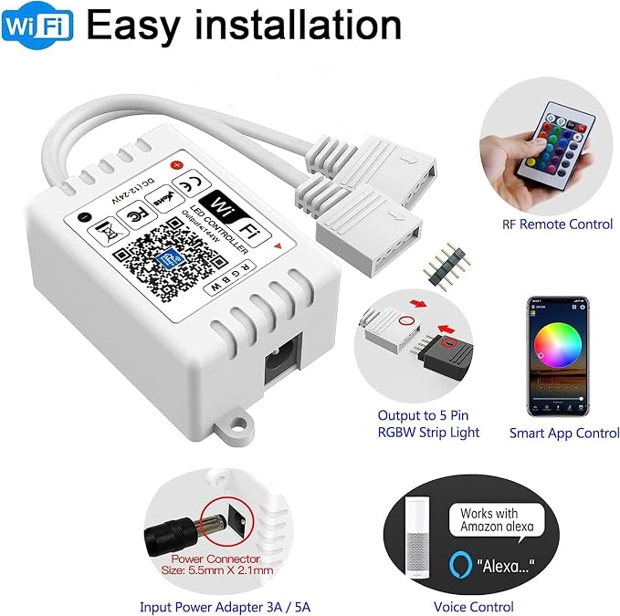 GIDEALED Smart WiFi RGBW LED Controller 2-Output 5 Pin with 24-Key Remote,Compatible with Alexa&Google Assistant,Voice/APP Control Strip Lights for Android/iOS System(WiFi LED Controller Only)