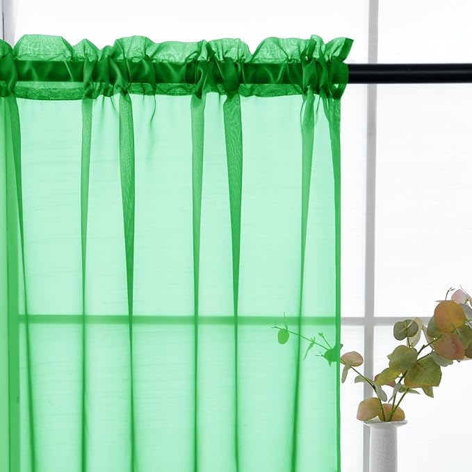 youleyar Solid Sheer Rod Pocket Curtain Voile Draperies 2 Panels White Beige Black Grey Coffee 52 Inch Width 54 Inch Long 1 Pair for Kitchen Bedroom Children Living Room Yard (Green,52Wｘ54L)