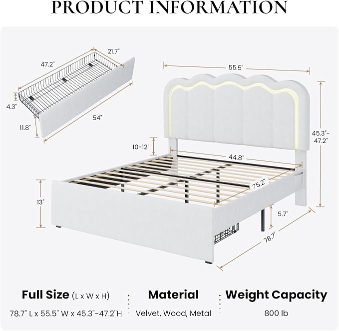 SHA CERLIN Full Size Bed Frame with LED Lights and Storage Drawer, White | Upholstered Velvet Platform Bed with Adjuatable Wavy Headboard, Noise-Free, Easy Assembly,No Box Spring Needed