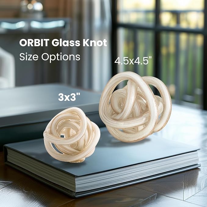 Torre & Tagus Orbit Hand Blown Glass Infinity Knot Sculpture - 3 Inch Glass Art White & Gold Knot Decor Ball for Home Decor, Small Centerpiece Table Decoration for Home Interior (White Gold Flakes)