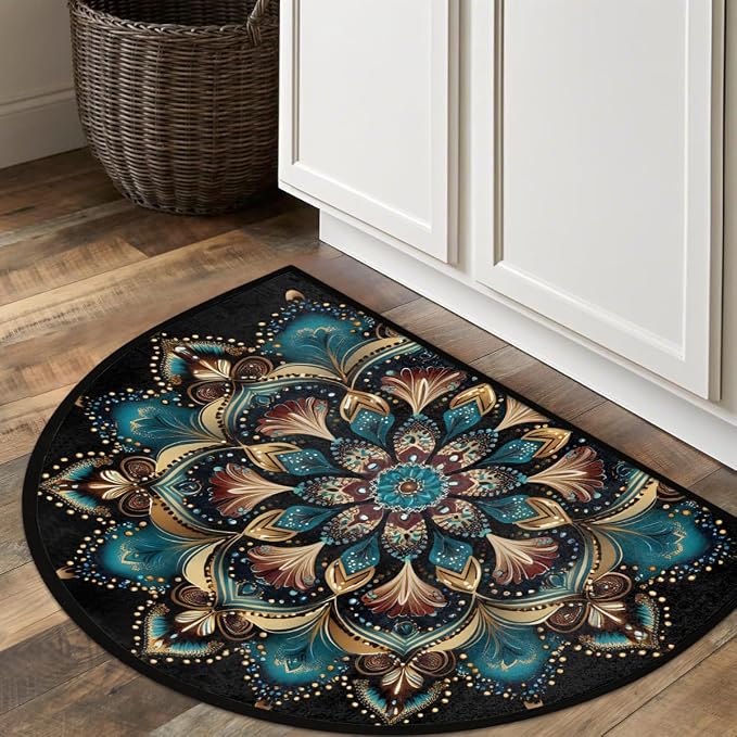 Boho Bohemia Colorful Half Round Door Mat Non-Slip Semi Circle Rug Washable Half Moon Floor Rug Absorbent Bathroom Area Rugs for Outdoor Indoor Fireplace Mat Entryway Kitchen Decor Rugs