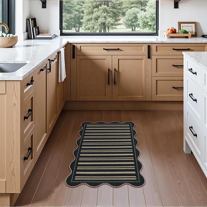 Striped Easy Jute Entryway Rug, 2x3 Black Indoor Outdoor Doormat, Washable Small Kitchen Rug Non Slip Farmhouse Scalloped Rugs for Front Door Entrance Bathroom
