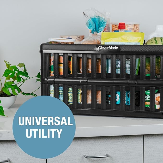 CleverMade Collapsible Utility Crates, 60L, 3 Pack, Obsidian | Each crate carries 66 lb with reinforced base bracing. Stack up to 3 high, then fold to 2.75 inches for shelf storage.