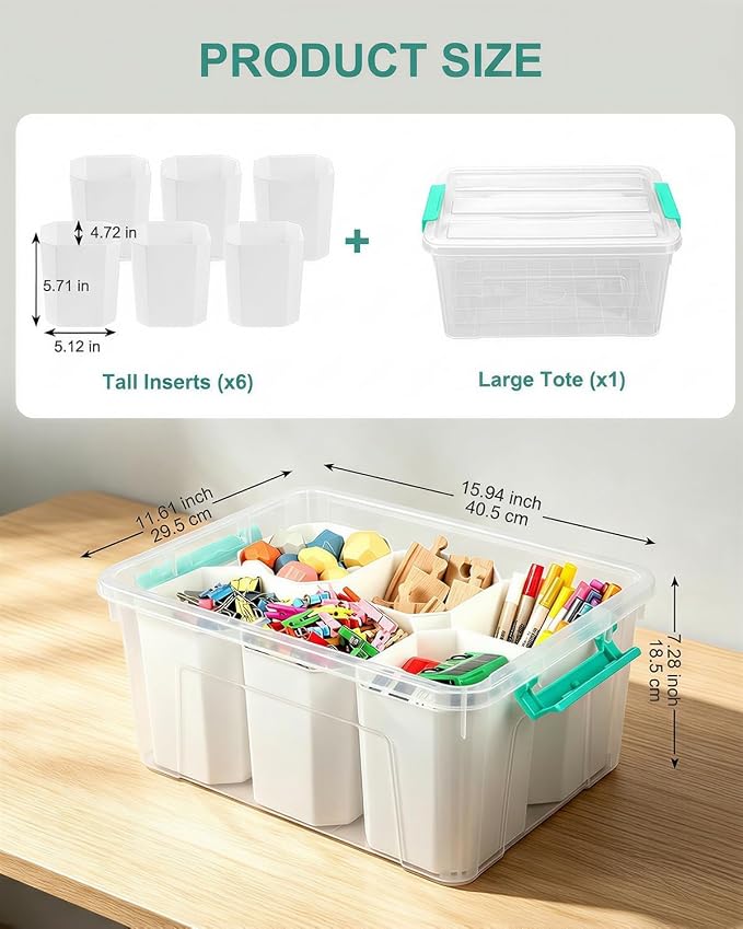 NUMIFUN 17QT Clear Storage Bins with Lids & Dividers for Crafts | Stackable 17-quart transparent box featuring 6 tall removable inserts. Perfect for organizing crafts, tools, toys & crayons